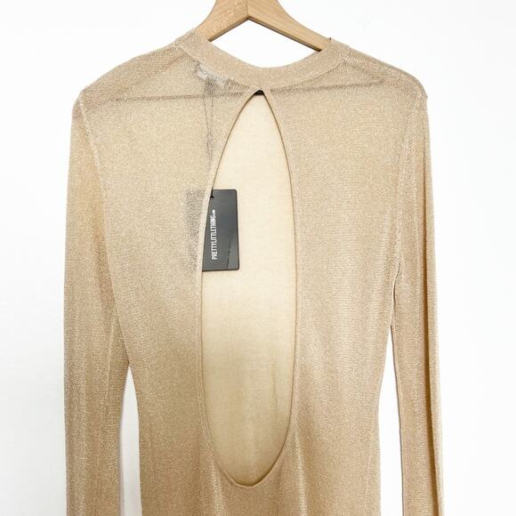 PRETTY LITTLE THING GOLD METALLIC SHEER KNIT CUT OUT BACK DRESS SIZE MEDIUM - Picture 4 of 7